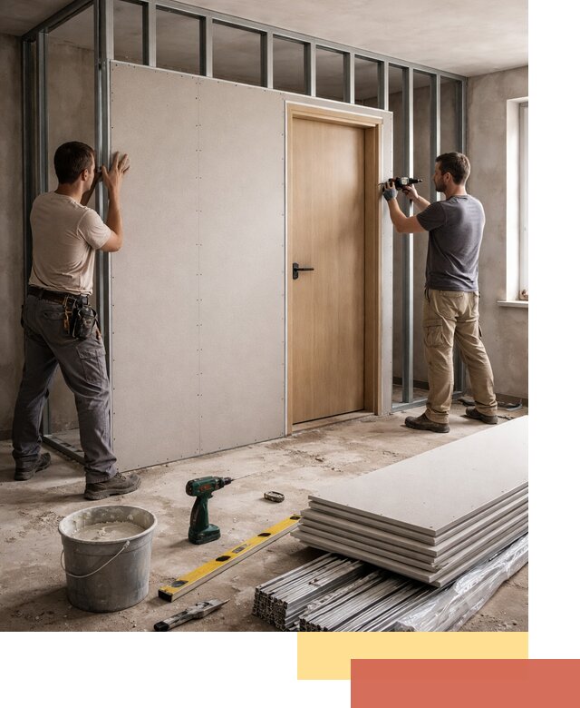 Перегородка из гипсокартона с дверью под ключ в Удомле