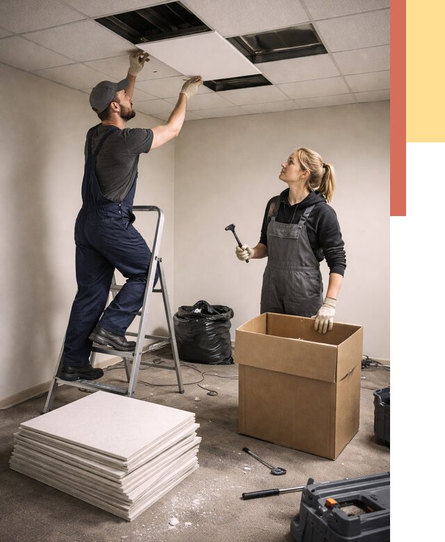 Демонтаж потолочной плитки в Удомле от 4675 руб. быстро и недорого | ОТДЕЛОЧНИК-Дмл