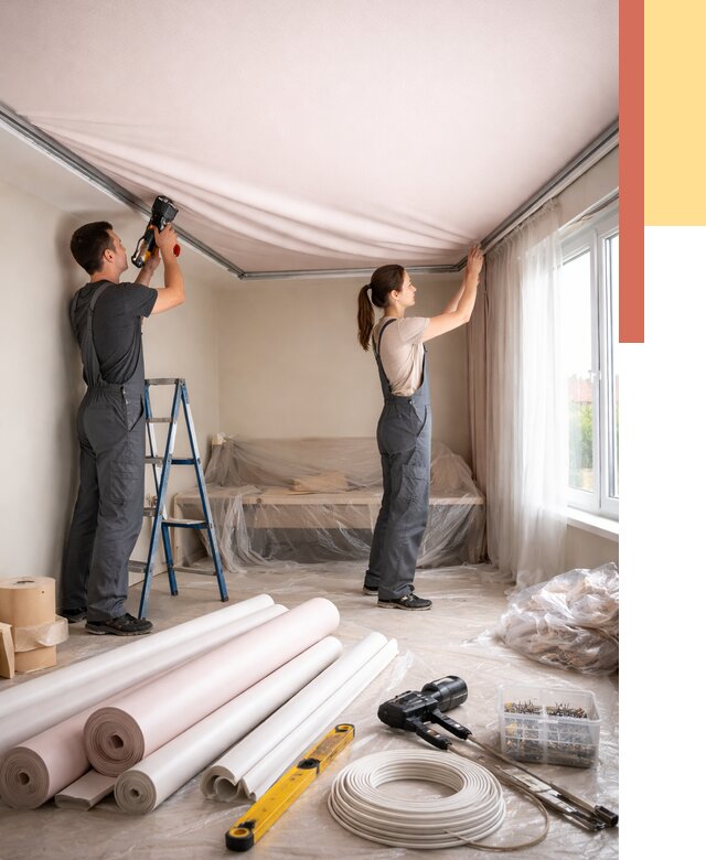 Монтаж цветного натяжного потолка в Удомле от 4363 руб/м² — быстро и недорого | ОТДЕЛОЧНИК-Дмл