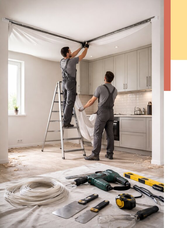 Установка натяжного потолка на кухне в Удомле от 2493 руб. | ОТДЕЛОЧНИК-Дмл