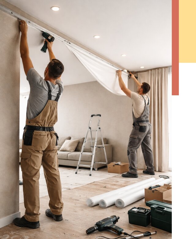 Монтаж натяжного потолка в гостиной в Удомле от 571 руб. | ОТДЕЛОЧНИК-Дмл