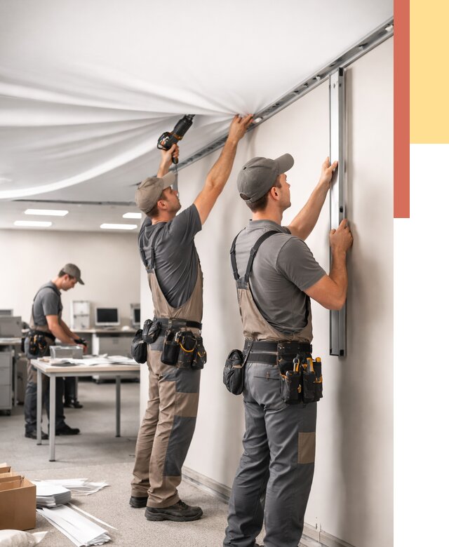 Монтаж натяжного потолка в офисе в Удомле от 468 руб/м² — быстро и недорого | ОТДЕЛОЧНИК-Дмл