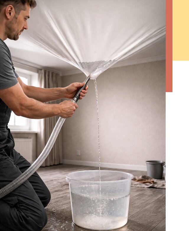 Слив воды с натяжного потолка в Удомле от 2597 руб. быстро и недорого | ОТДЕЛОЧНИК-Дмл