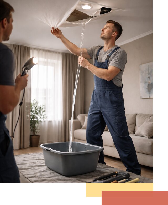 Слив воды с натяжного потолка в Удомле быстро и аккуратно